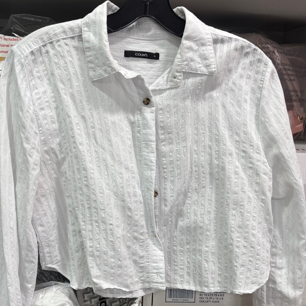 White Textured Button-Up Cropped Long Sleeve Shirt
